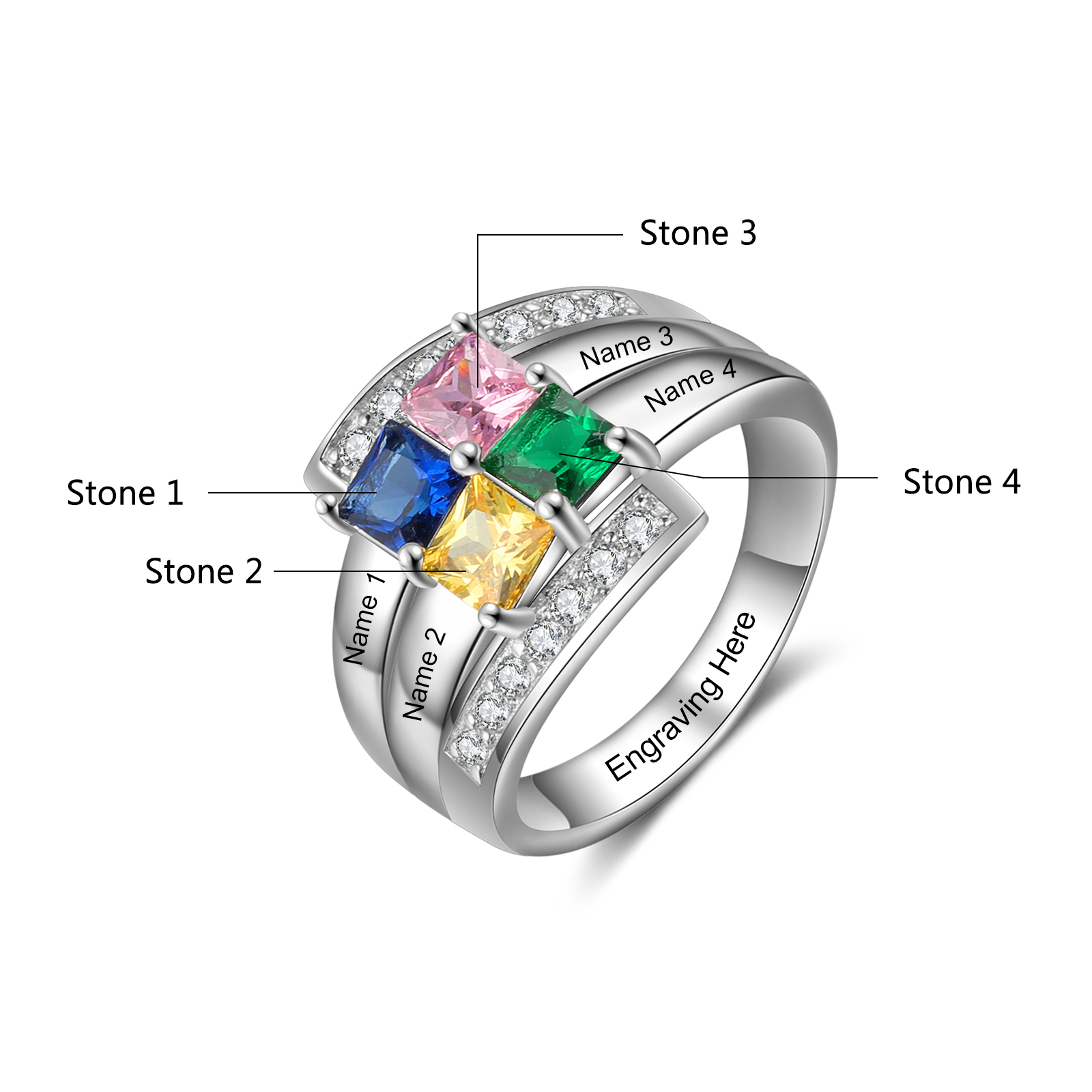 Personalised Mothers Ring With 4 Birthstones Engraved Names Ring Gift For Women-Jessemade AU