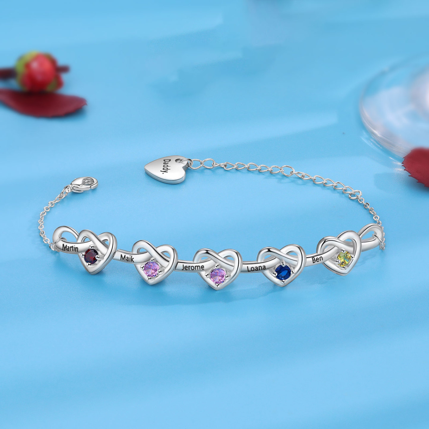 3 Colours Available Personalised Linked Heart Bracelet with 5 Custom Names Birthstones & Text Perfect Birthday Gift for Her