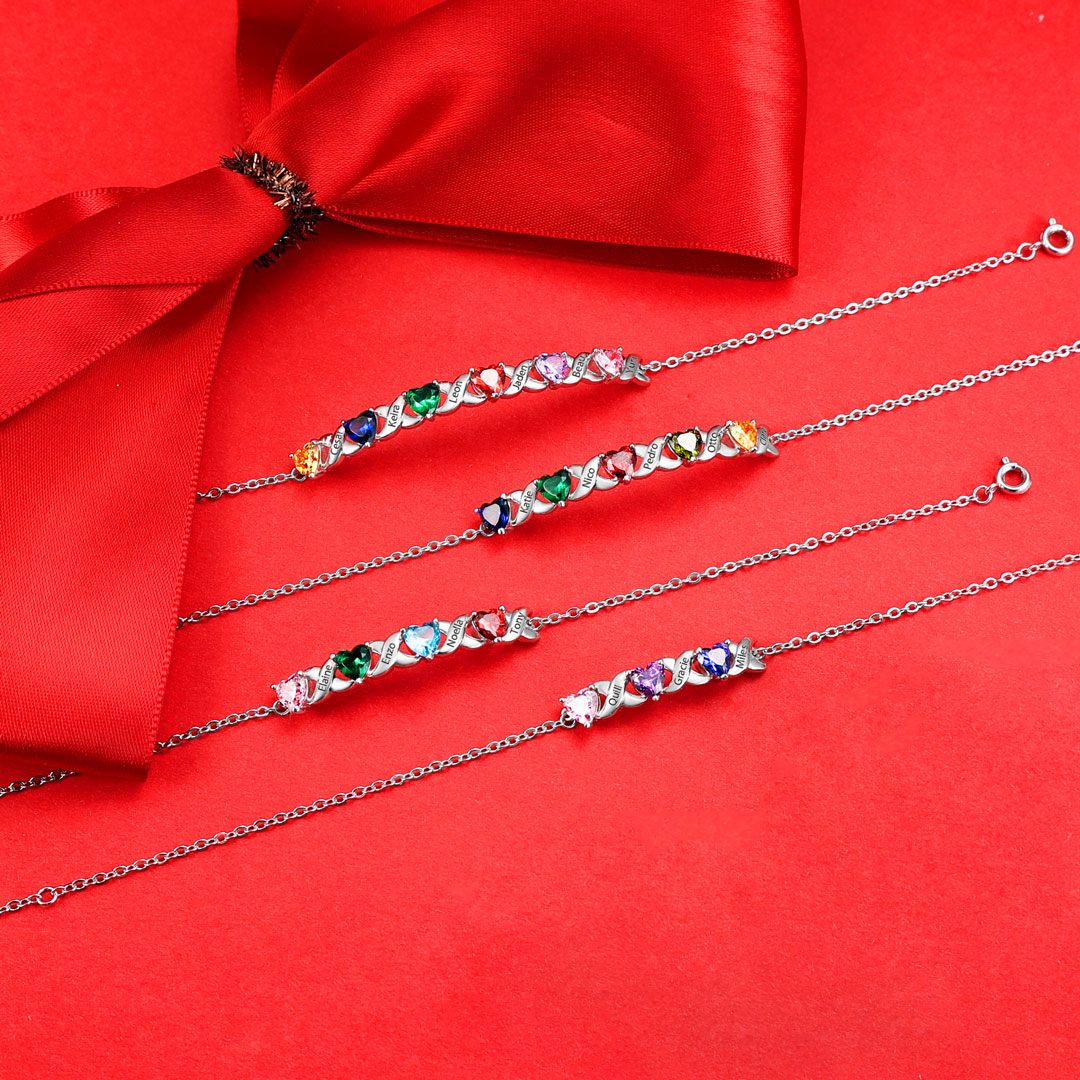 Personalised Bracelet With 2 Heart Birthstones Engraved Names Bracelet Gift For Women-Jessemade AU