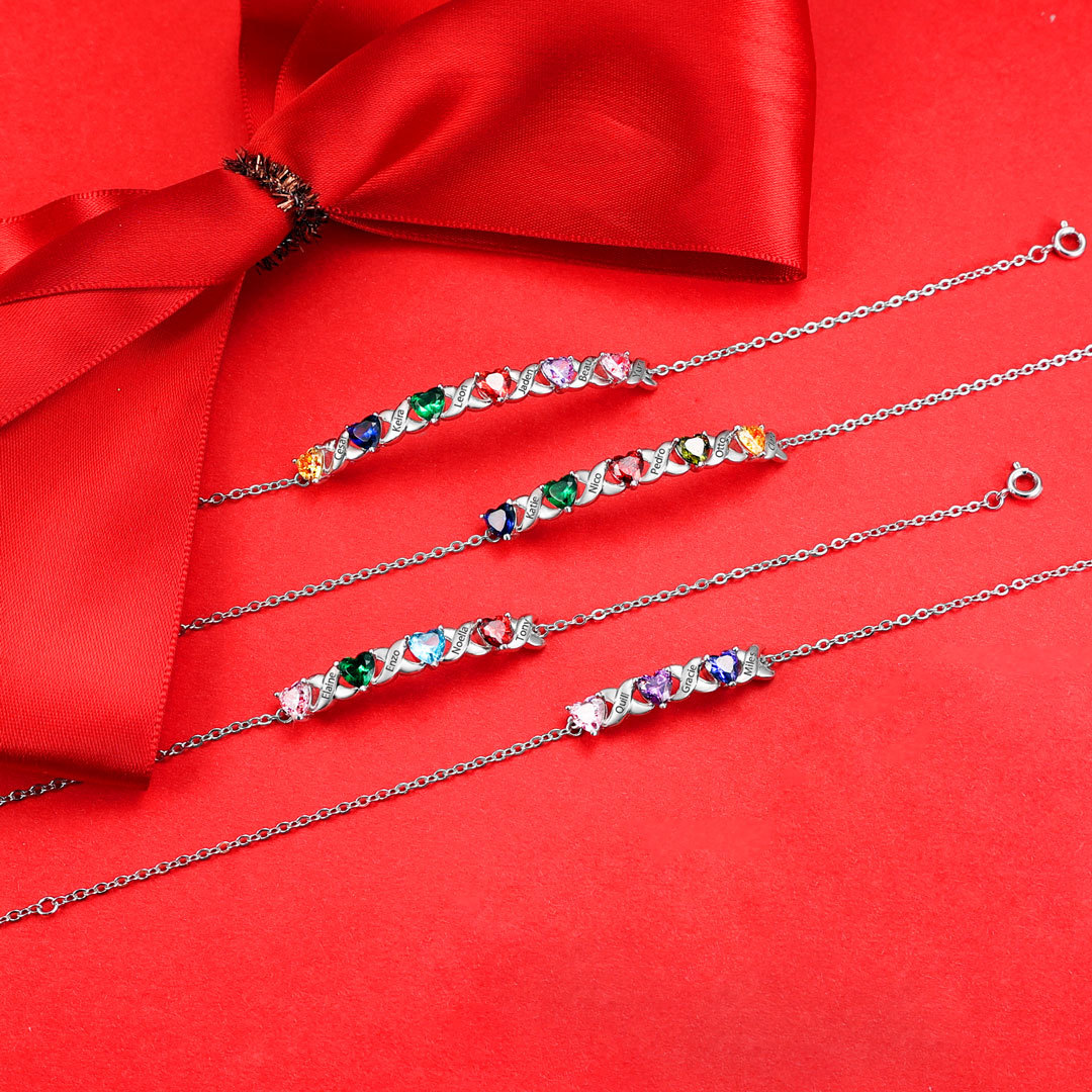 Personalised Bracelet With 2 Heart Birthstones Engraved Names Bracelet Gift For Women-Jessemade AU