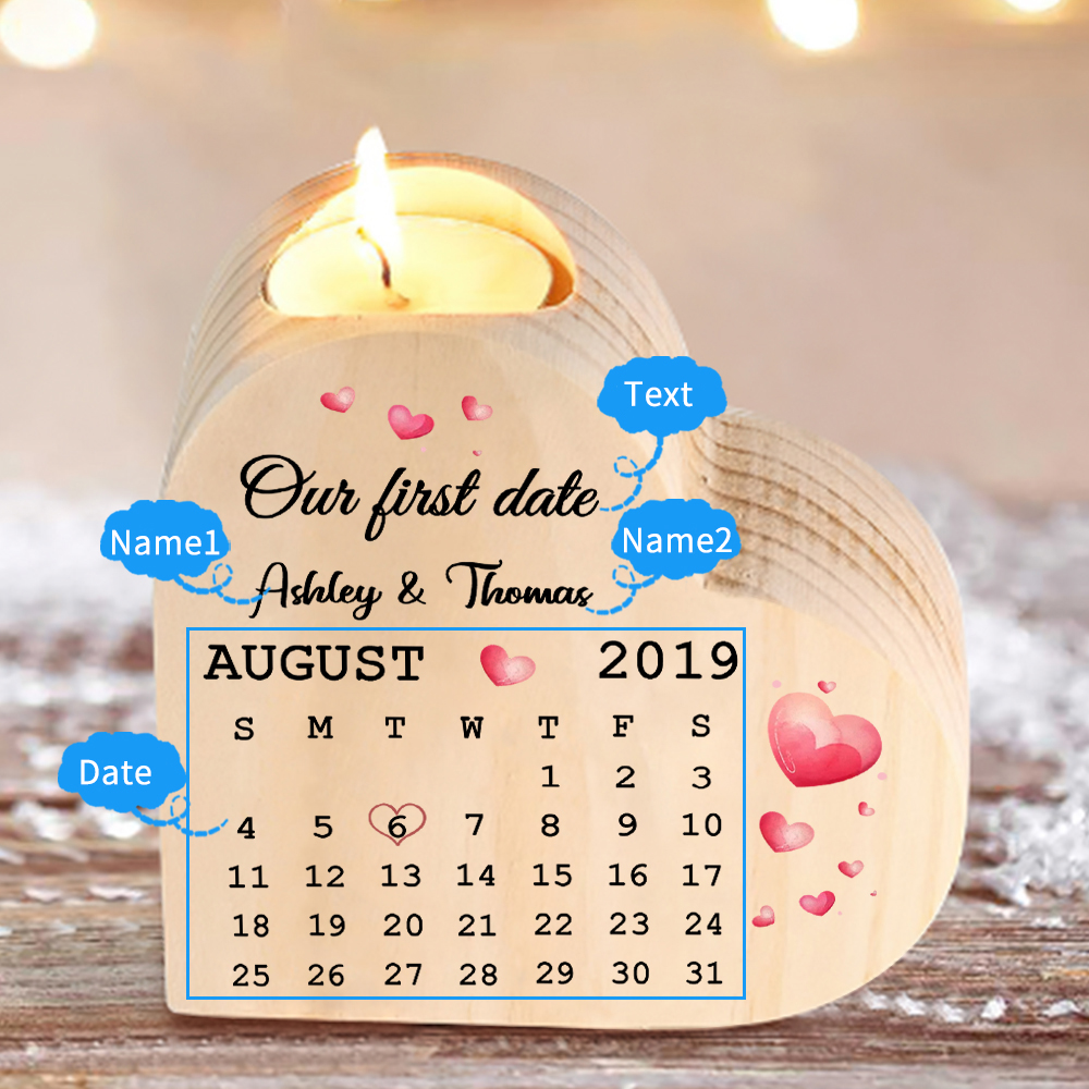Wooden Couple Candle Holder Custom 2 Names & Date & Text Candlesticks Calendar Valentine's Day Gifts for Wife/Girlfriend-Jessemade AU
