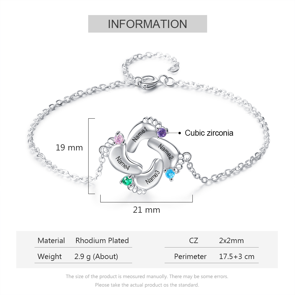 Personalised Baby Foot Bracelet With 4 Birthstones Engraved Names Gift For Mother-Jessemade AU