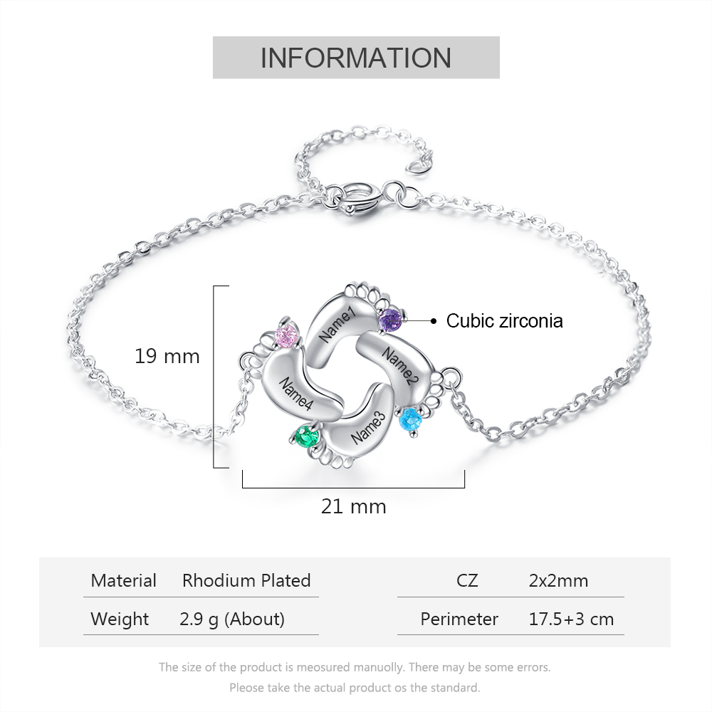 Personalised Baby Foot Necklace With 4 Birthstones Engraved Names Gift For Mother-Jessemade AU