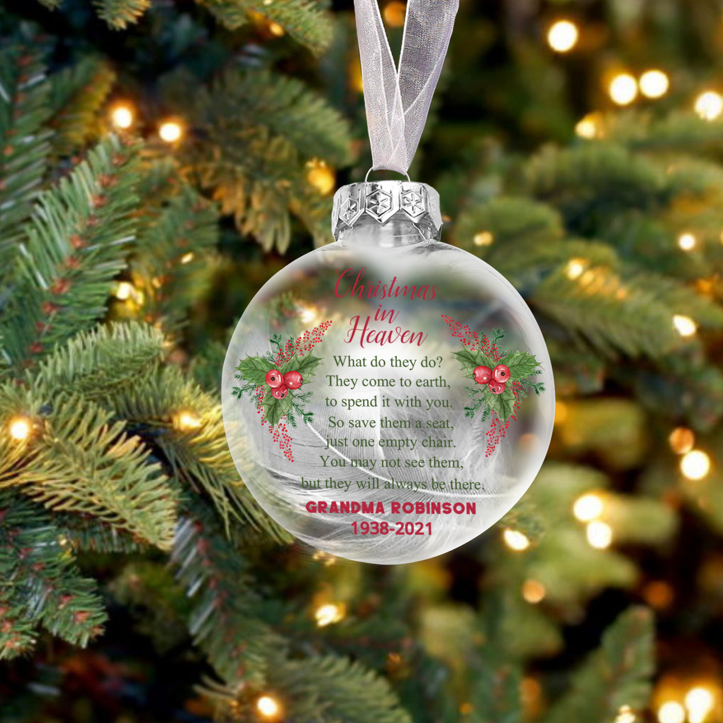 Memorial Ball Feather Ornaments Custom Text Christmas Hanging Ornament Commemorate Deceased Loved Ones - Christmas In Heaven-Jessemade AU