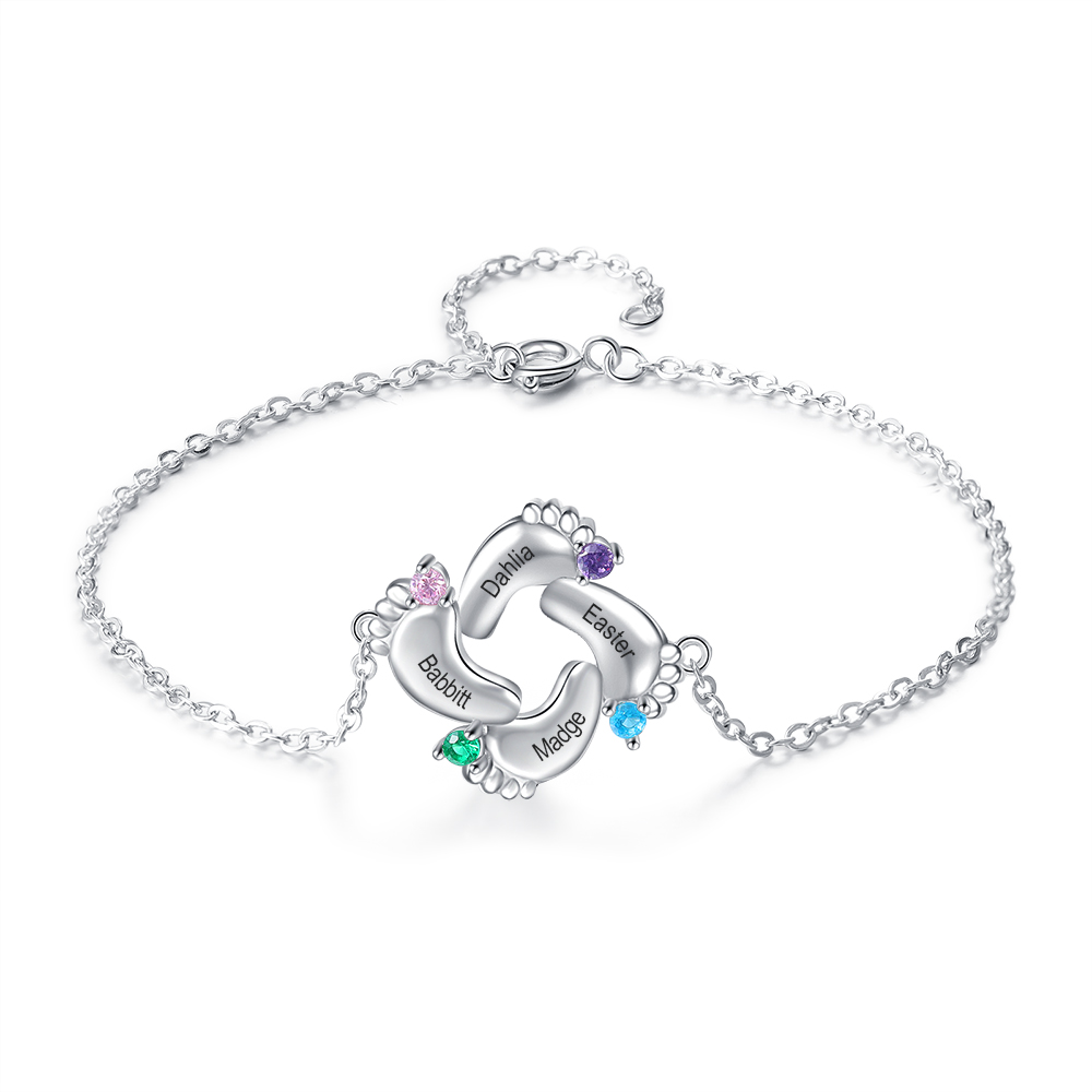 Personalised Baby Foot Bracelet With 4 Birthstones Engraved Names Gift For Mother