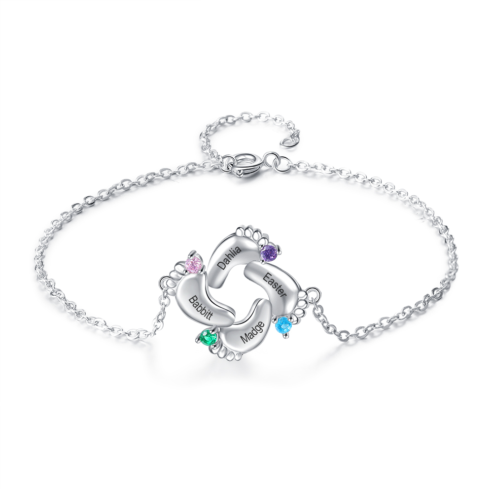 Personalised Baby Foot Necklace With 4 Birthstones Engraved Names Gift For Mother-Jessemade AU