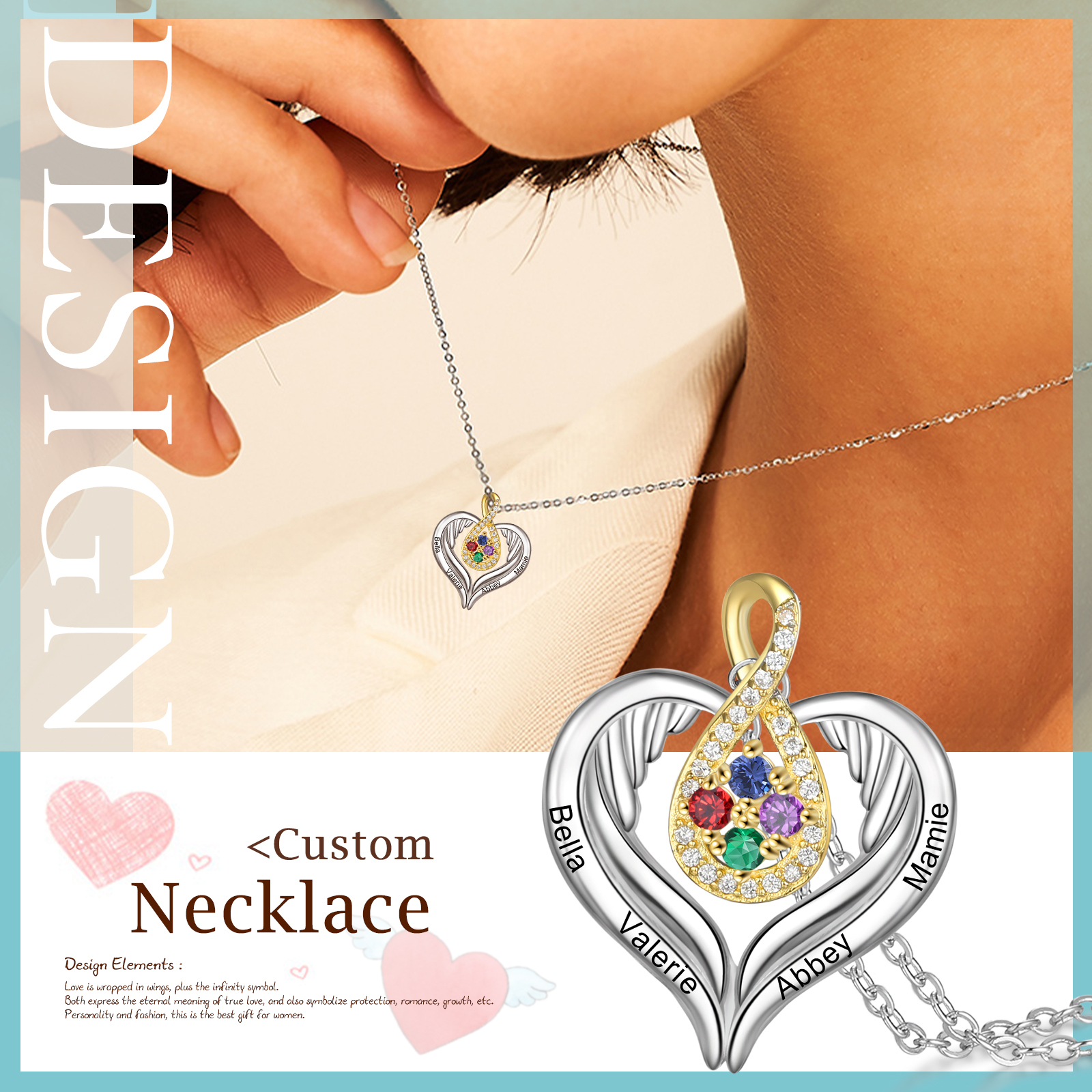 Personalised Drop Heart wings Necklace with 4 Birthstones Engraved Names Best Gift For Women-Jessemade AU