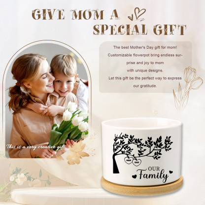 Personalised 2 Names & 1 Text Family Tree Flowerpot Custom Ceramic Flowerpot with Wooden Base Gift for Mother/Grandma-Jessemade AU