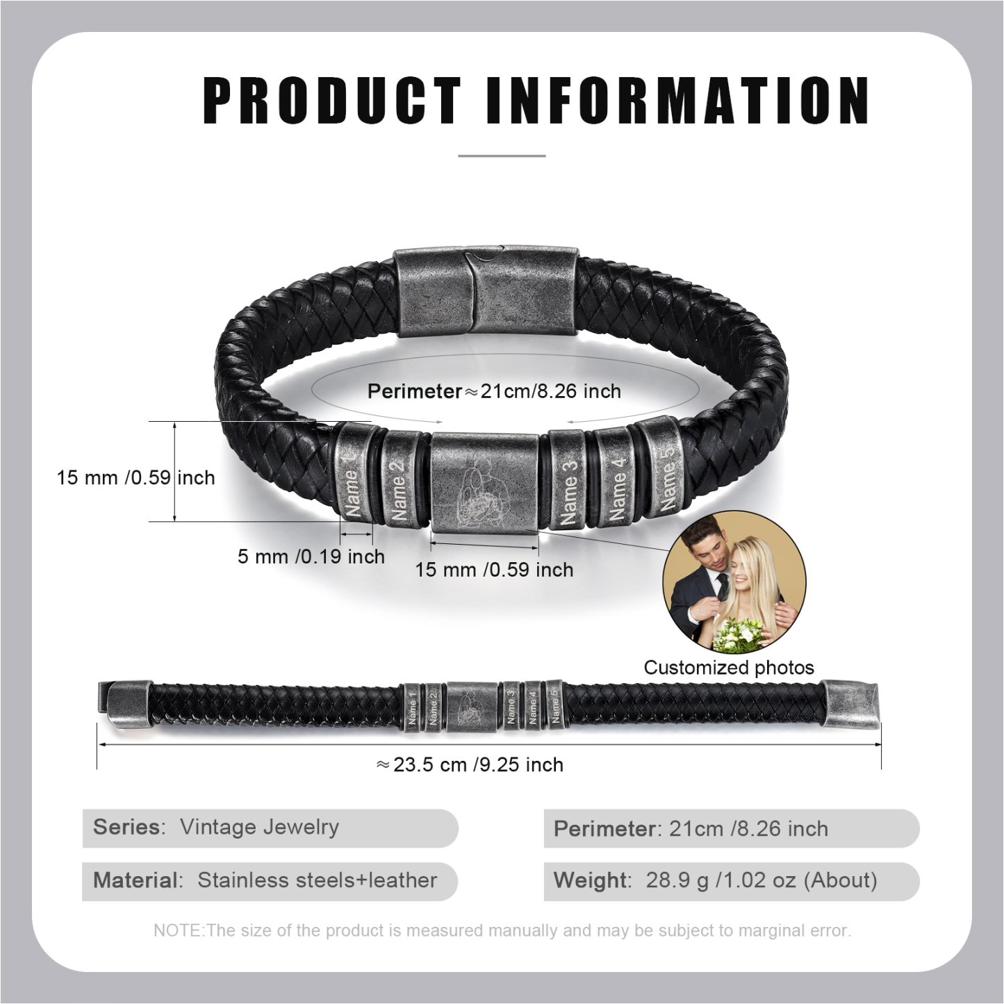 5 Names - Personalised Men's Leather Braided Bracelet Custom Name & Photo Bracelet Vintage Gift for Him-Jessemade AU