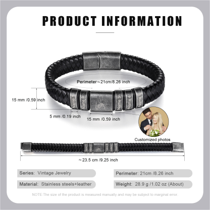 5 Names - Personalised Men's Leather Braided Bracelet Custom Name & Photo Bracelet Vintage Gift for Him-Jessemade AU