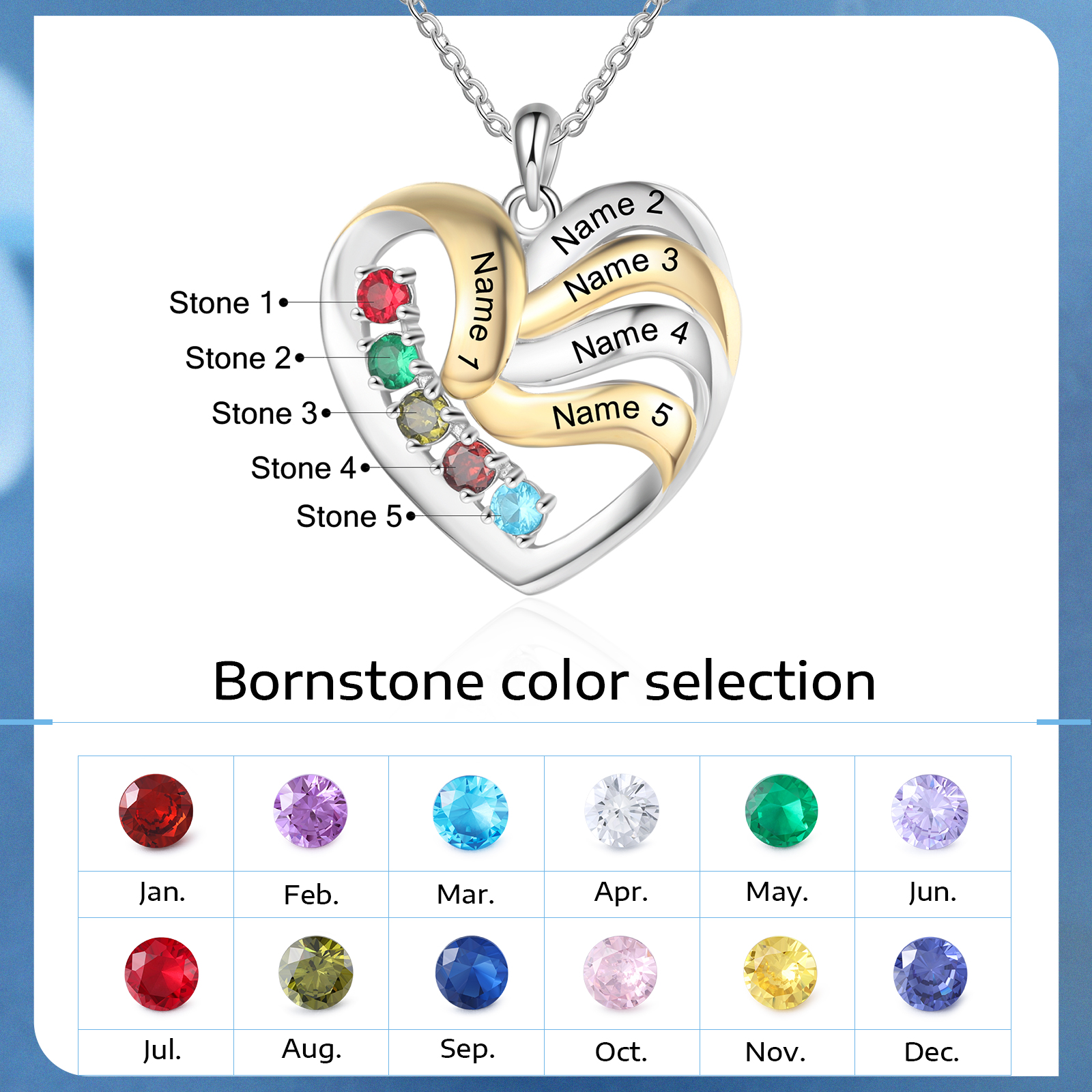 Personalised Heart Necklace with 5 Birthstones Engrave Names Family Necklace for Mom-Jessemade AU