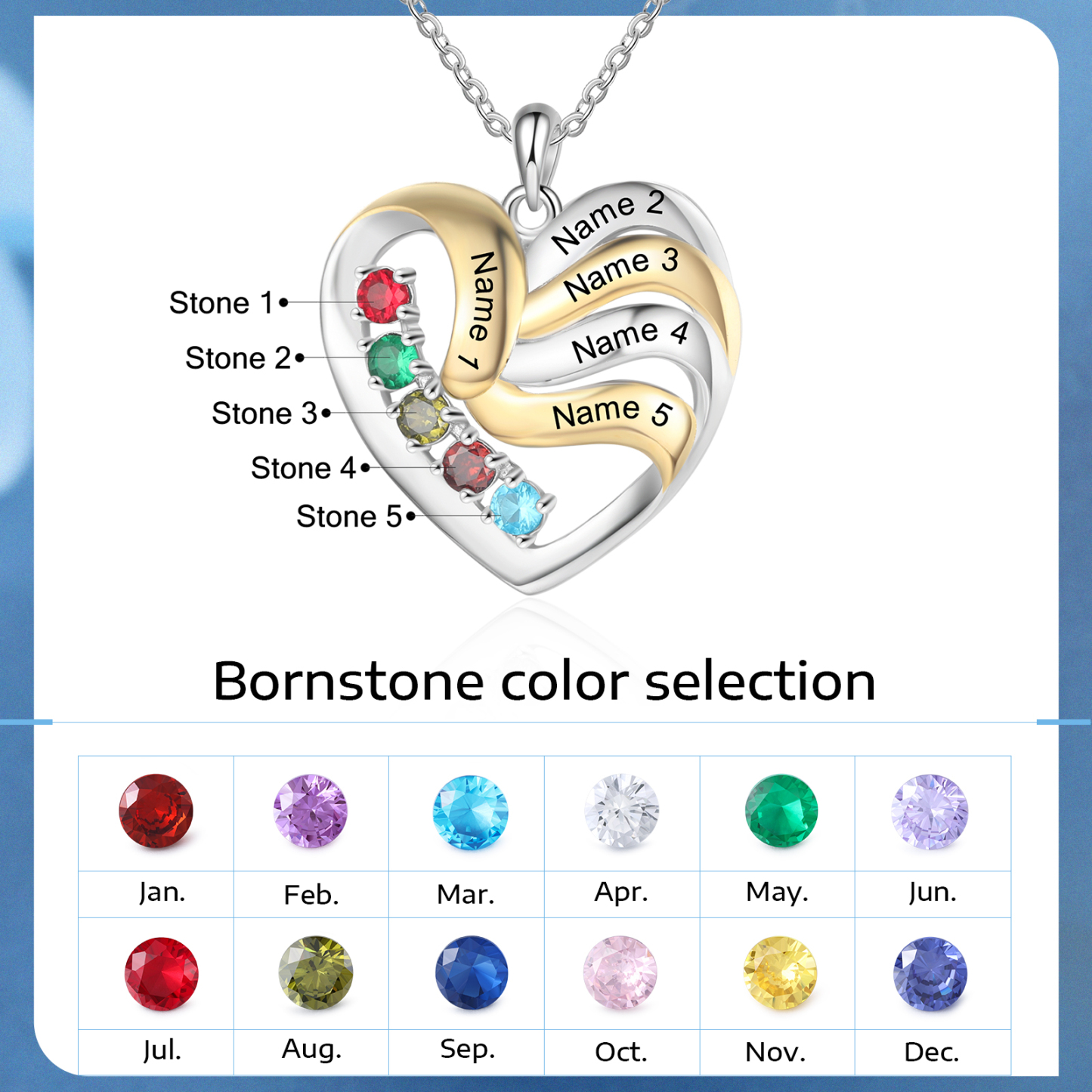 Personalised Heart Necklace with 5 Birthstones Engrave Names Family Necklace for Mom-Jessemade AU