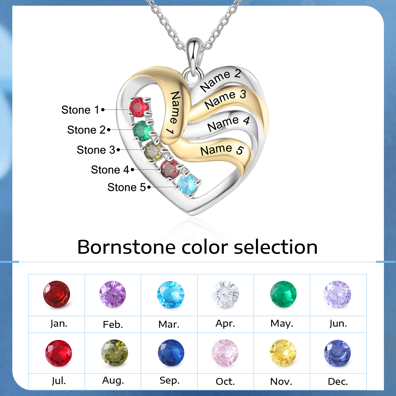 Personalised Heart Necklace with 5 Birthstones Engrave Names Family Necklace for Mom-Jessemade AU