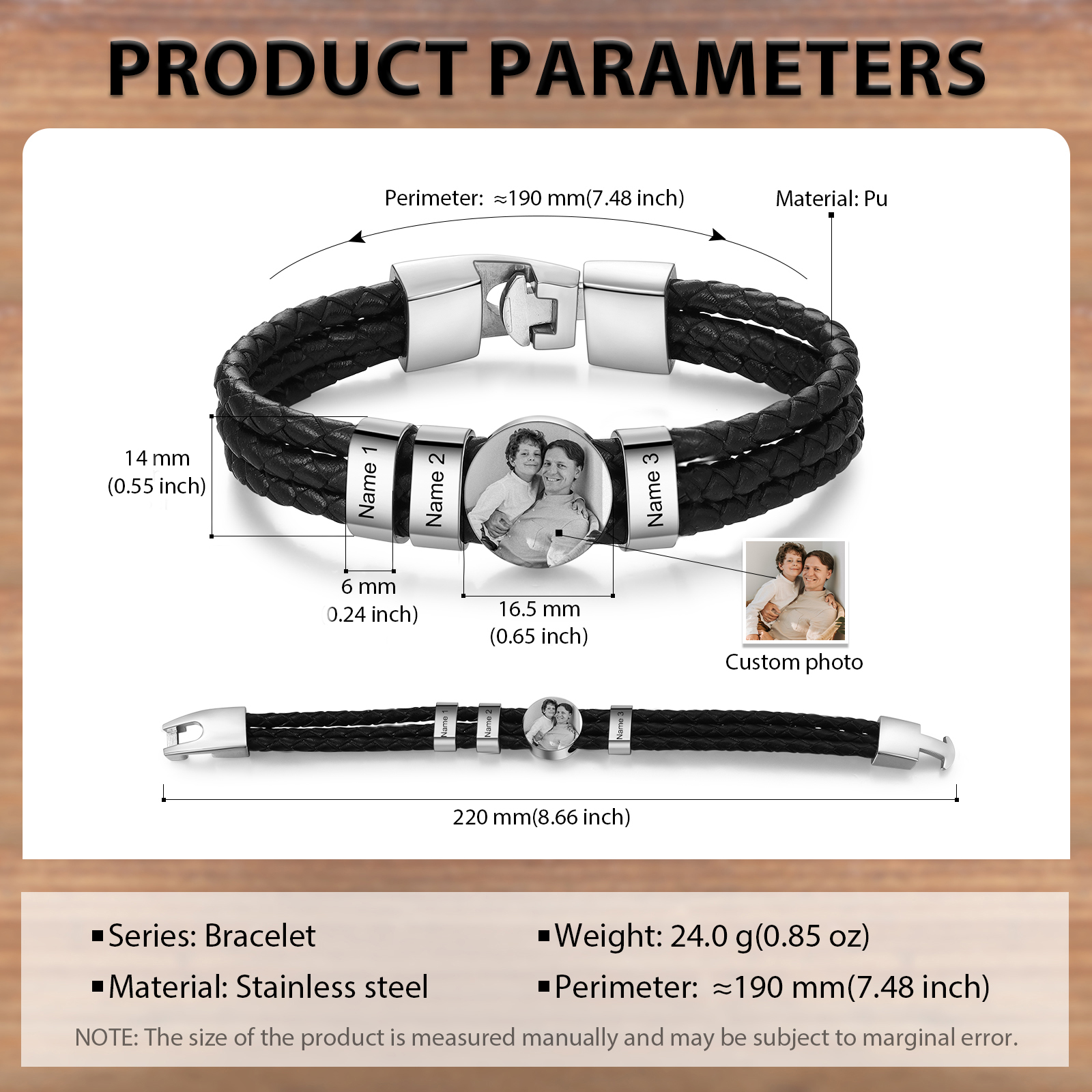 Personalised Men's Leather Bracelet Custom 3 Names & 1 Photo Braided Bracelet Father's Day Gifts for Him-Jessemade AU