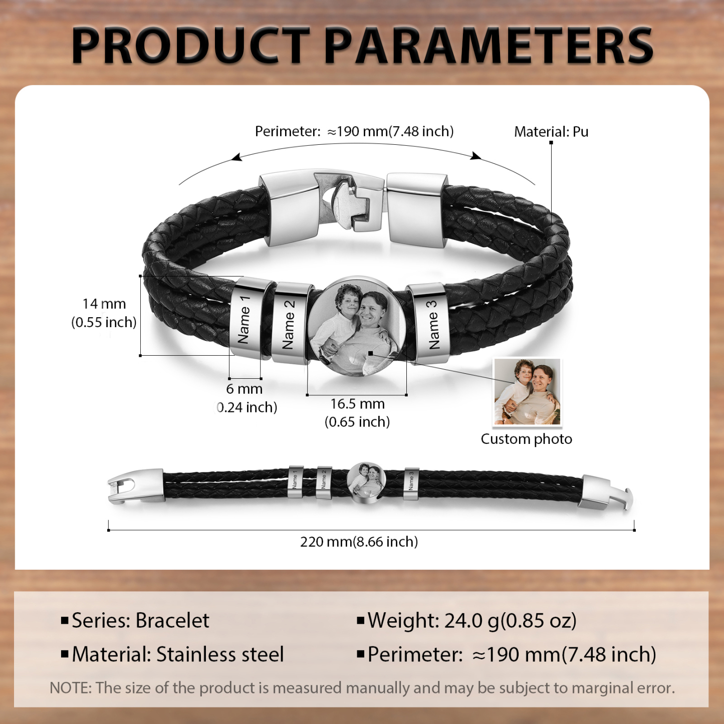 Personalised Men's Leather Bracelet Custom 3 Names & 1 Photo Braided Bracelet Father's Day Gifts for Him-Jessemade AU