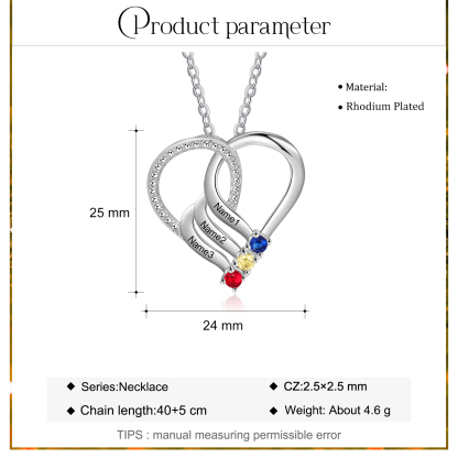 Personalised Heart Necklace With 3 Birthstones Engraved Names Gift For Her-Jessemade AU