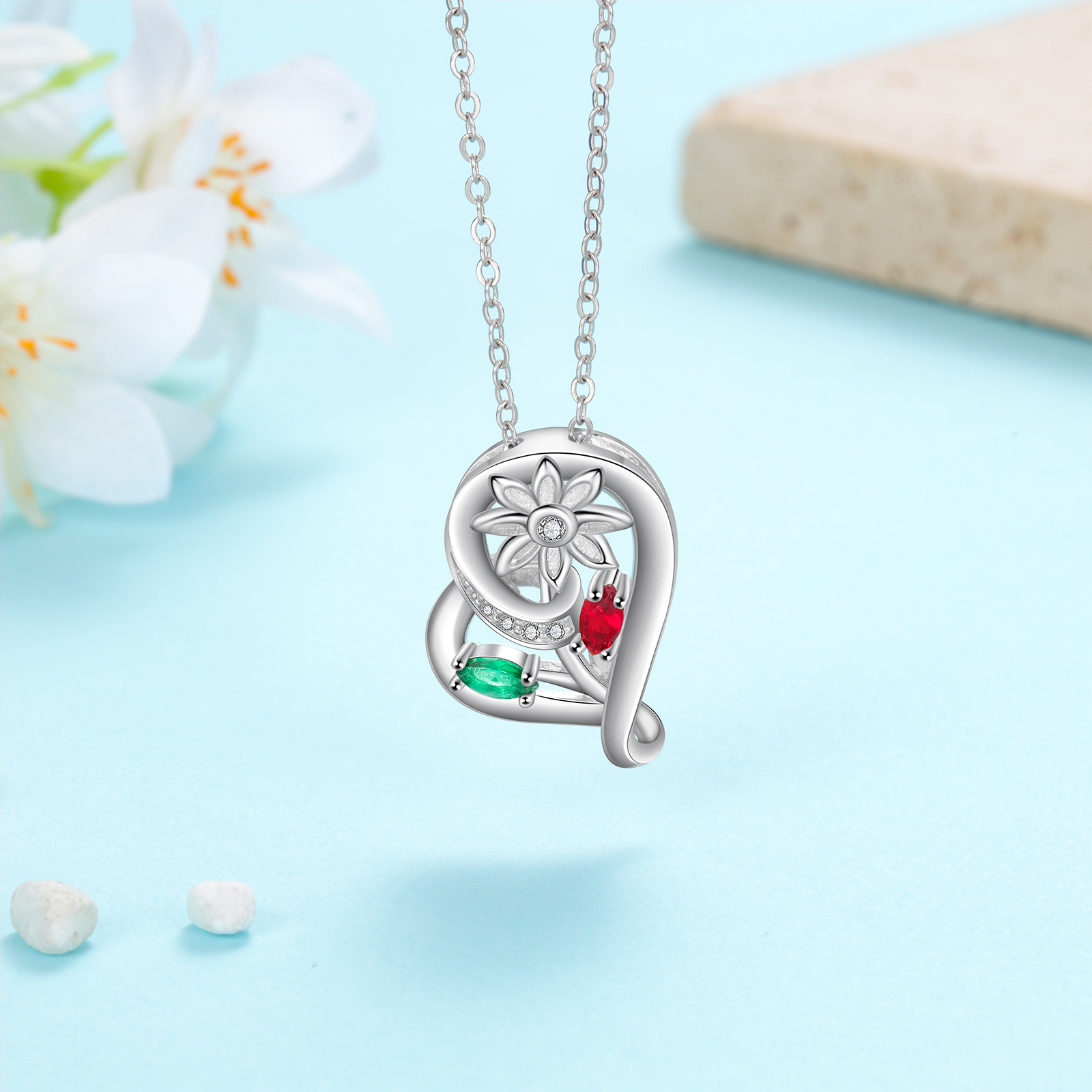 Personalised Heart Flower Necklace With 2 Birthstone Engraved Names Gift For Her-Jessemade AU