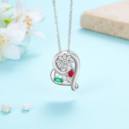 Personalised Heart Flower Necklace With 2 Birthstone Engraved Names Gift For Her-Jessemade AU
