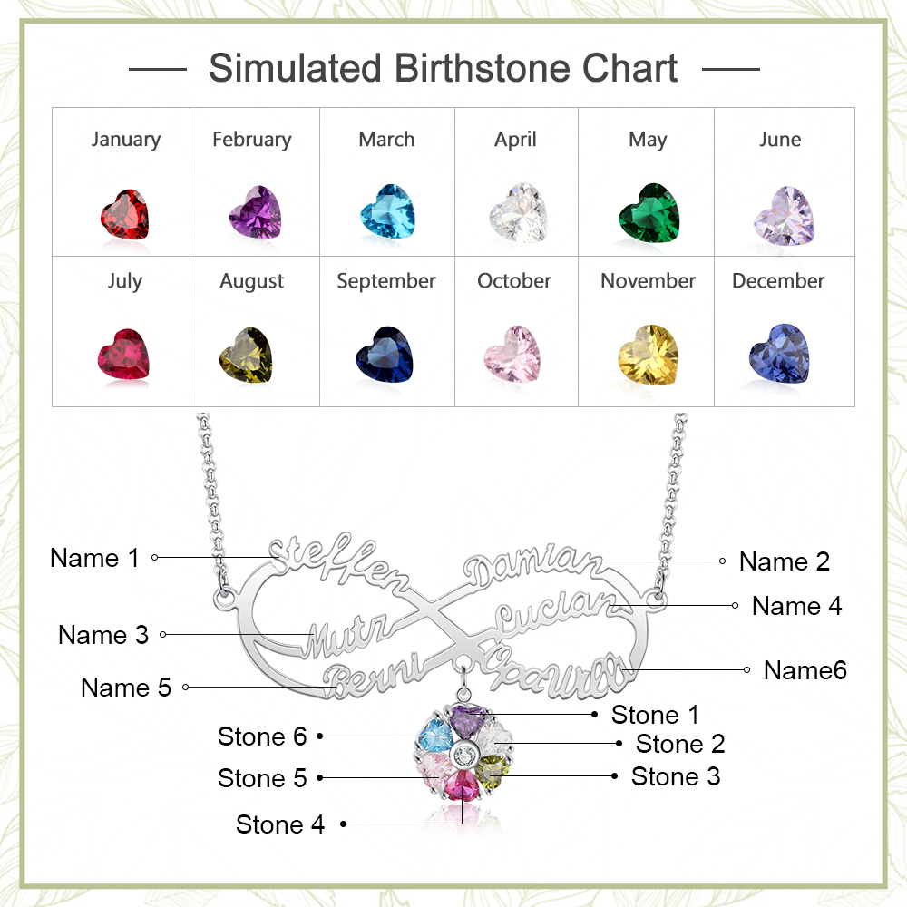 Personalised Infinity Necklace With 6 Birthstones Engraved Names Necklace Gift For Women-Jessemade AU