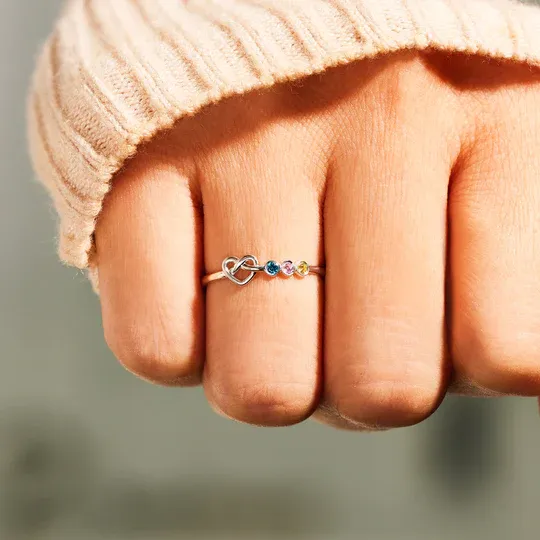 Family Ring Personalised 4 Birthstones Heart Knot Ring Band-Jessemade AU