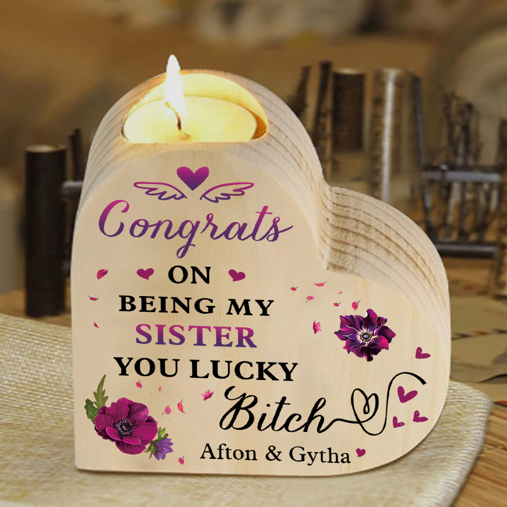 Personalised Heart Candle Holder Customised 2 Names Violet Wooden Candlestick "Congrats On Being My Sister" Funny Gift for Friend-Jessemade AU