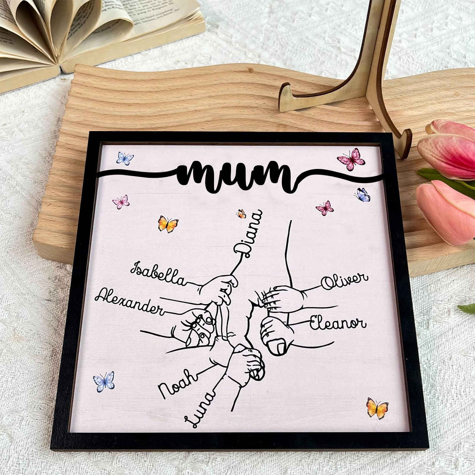 7 Names - Personalised Wooden Plaque Holding Mum's Hand Desktop Decorations Wooden Sign With Stand-Jessemade AU