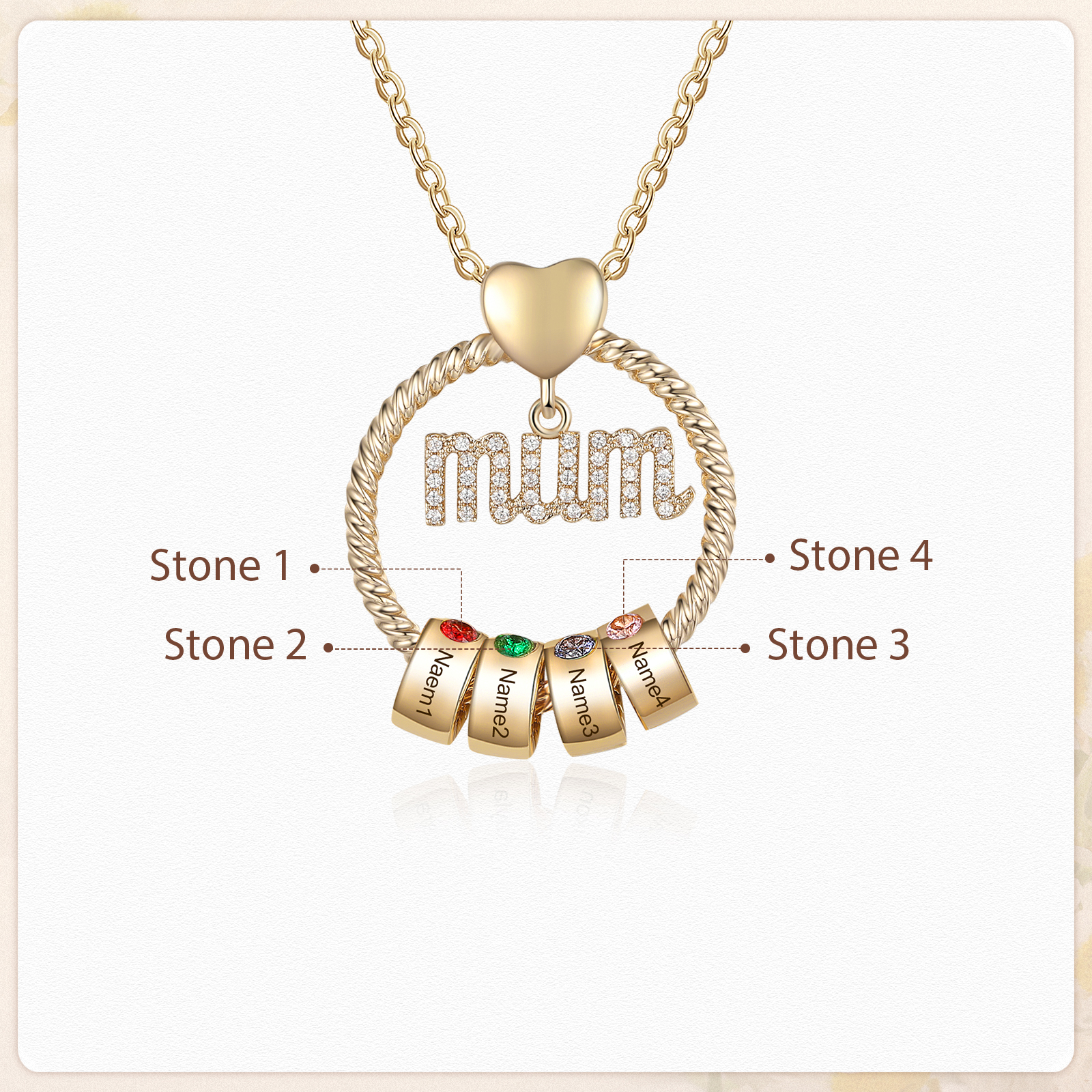 Personalised Circle Necklace With 4 Birthstones Pendant Engraved Names Gift For Mum-Jessemade AU