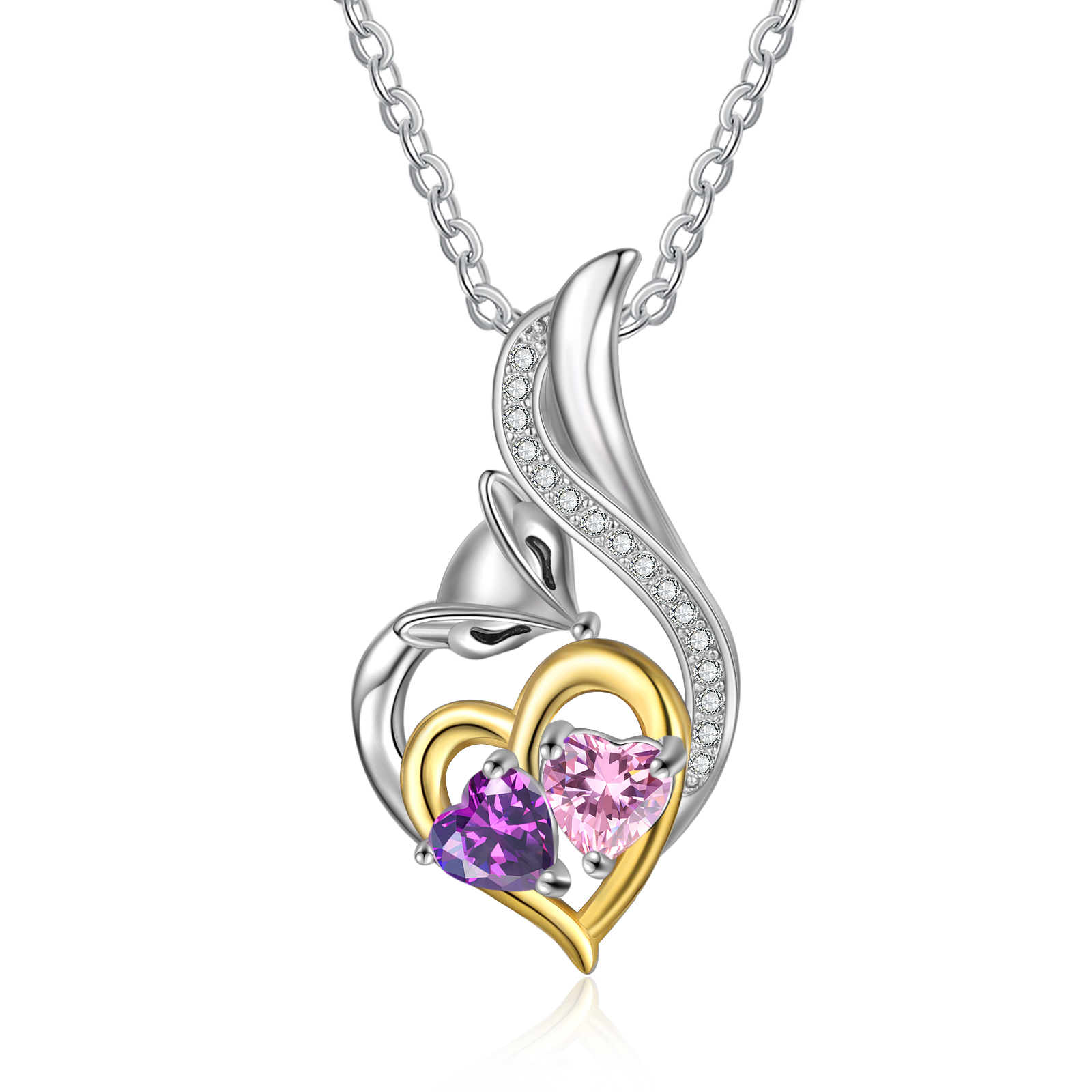 Personalised Heart Fox Necklace with Birthstone Engraved Name Gifts for Her-Jessemade AU