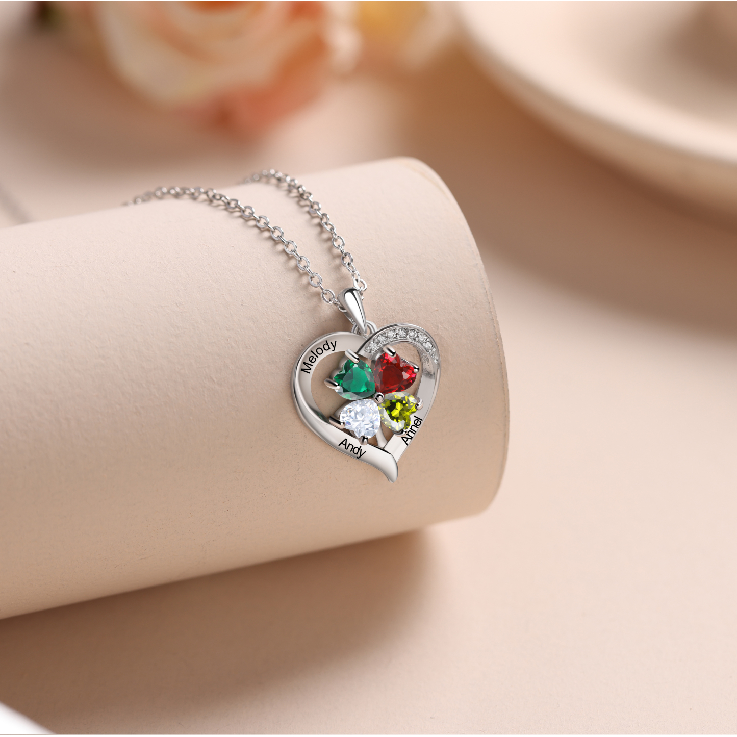 Personalised Heart Necklace with 3 Birthstones Engrave Names Family Necklace for Mom-Jessemade AU