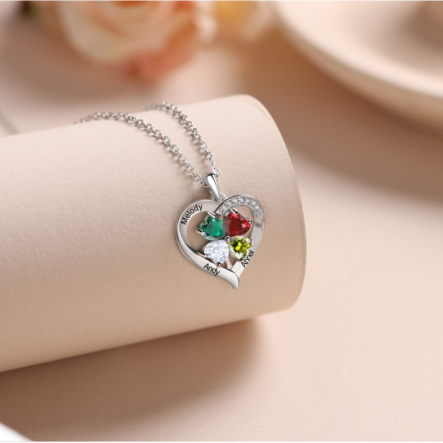 Personalised Heart Necklace with 3 Birthstones Engrave Names Family Necklace for Mom-Jessemade AU