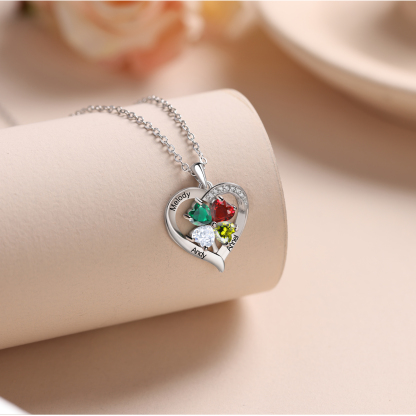 Personalised Heart Necklace with 3 Birthstones Engrave Names Family Necklace for Mom-Jessemade AU