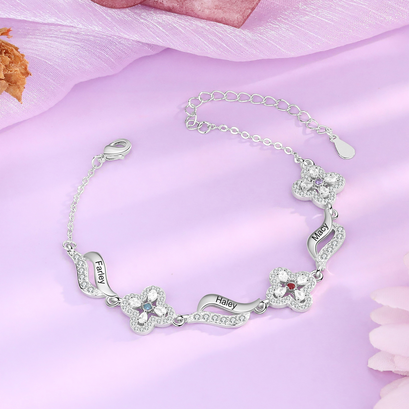 Personalised 3 Birthstones Engraved 3 Names Bracelet Women's Bracelets Birthday Gift for Her-Jessemade AU