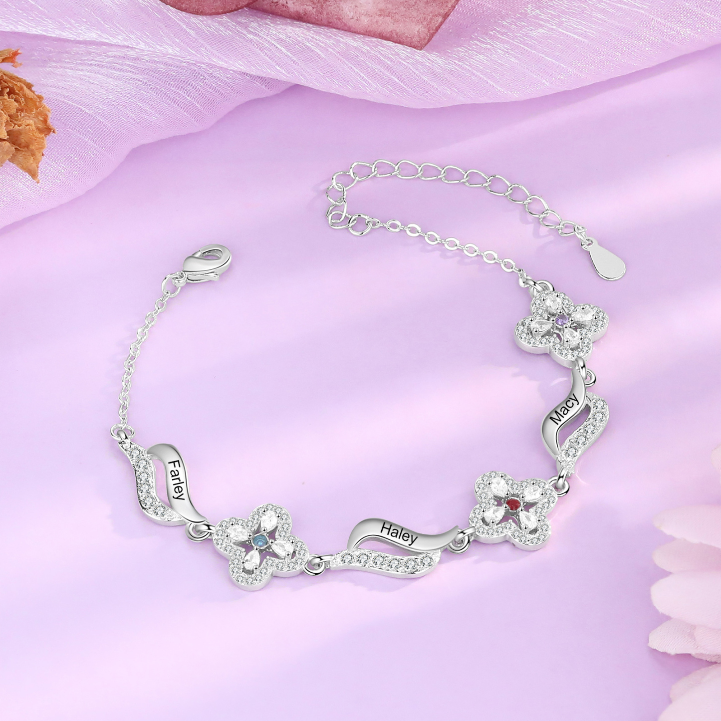 Personalised 3 Birthstones Engraved 3 Names Bracelet Women's Bracelets Birthday Gift for Her-Jessemade AU