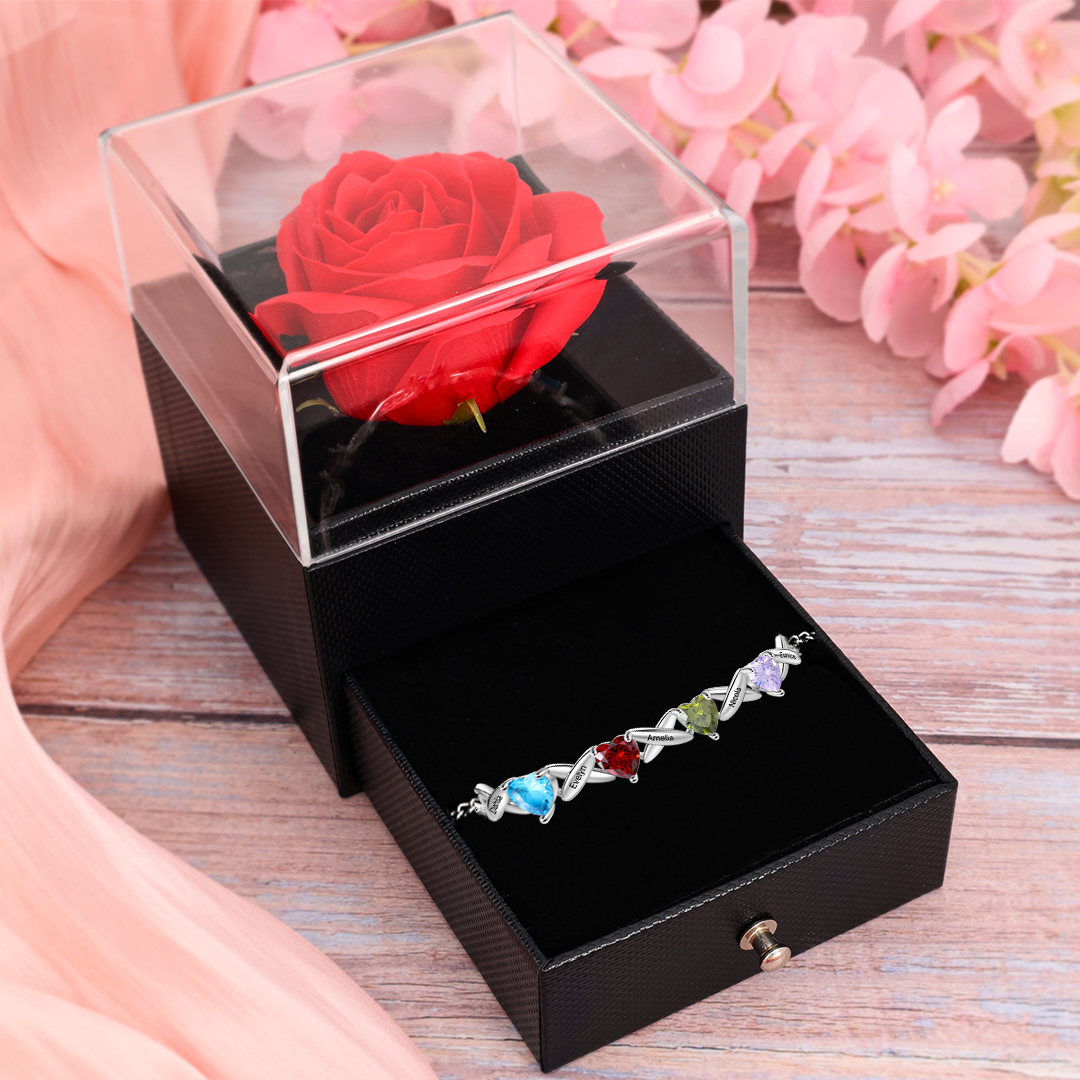 Custom 4 Birthstones Bracelet Engraved 5 Names Bracelet Personalised Birthday Gift for Her-Jessemade AU