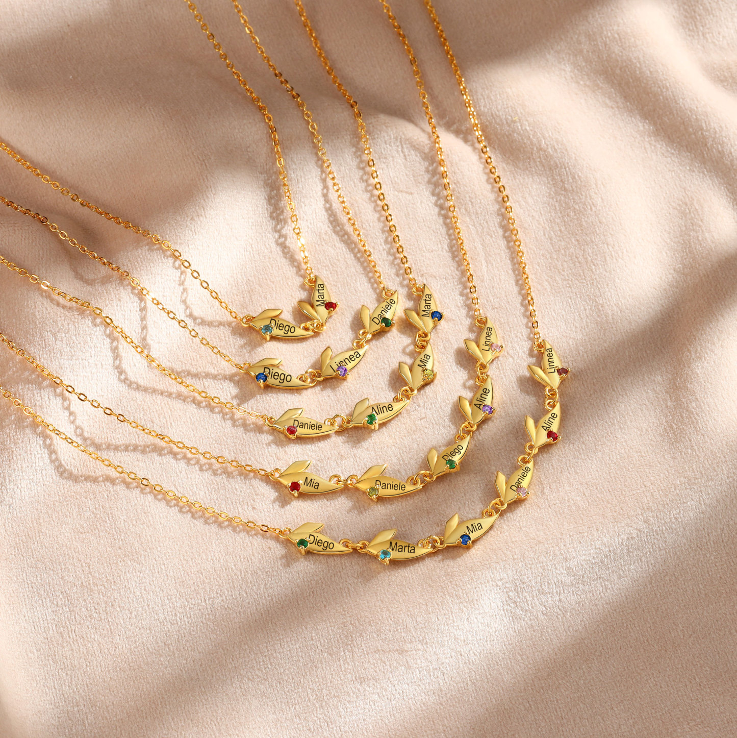 Personalised Leaves Pendant Necklace Custom 2 Names & 2 Birthstones Necklace Gifts for Her-Jessemade AU