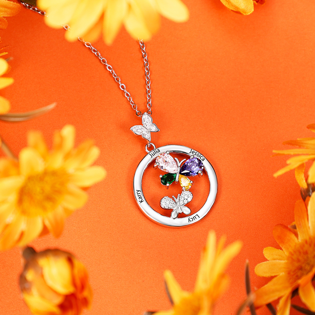 Personalised Butterfly Necklace With 4 Birthstones Custom Names Best Gift For Her-Jessemade AU
