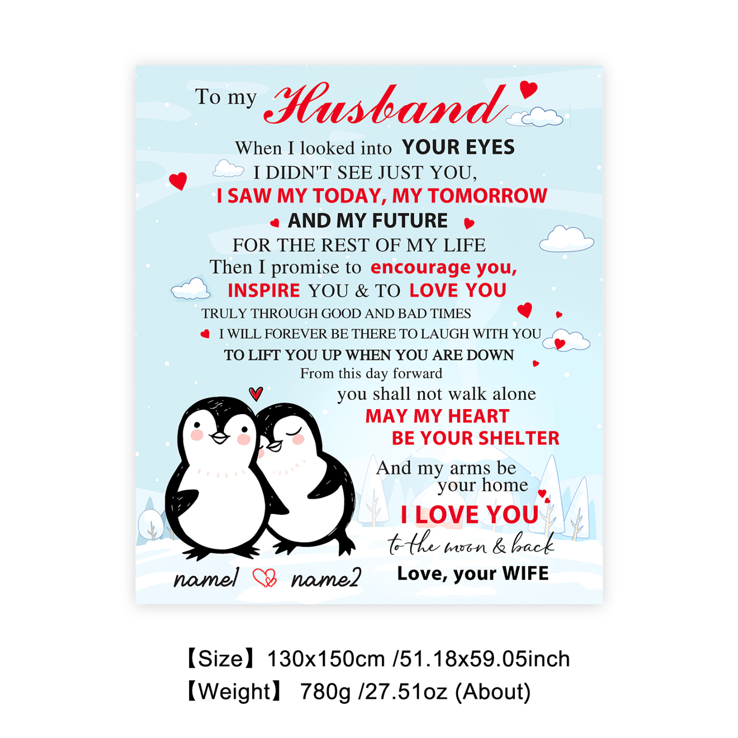 To My Husband Couple Penguin Blanket Custom Name Valentines Gift-Jessemade AU