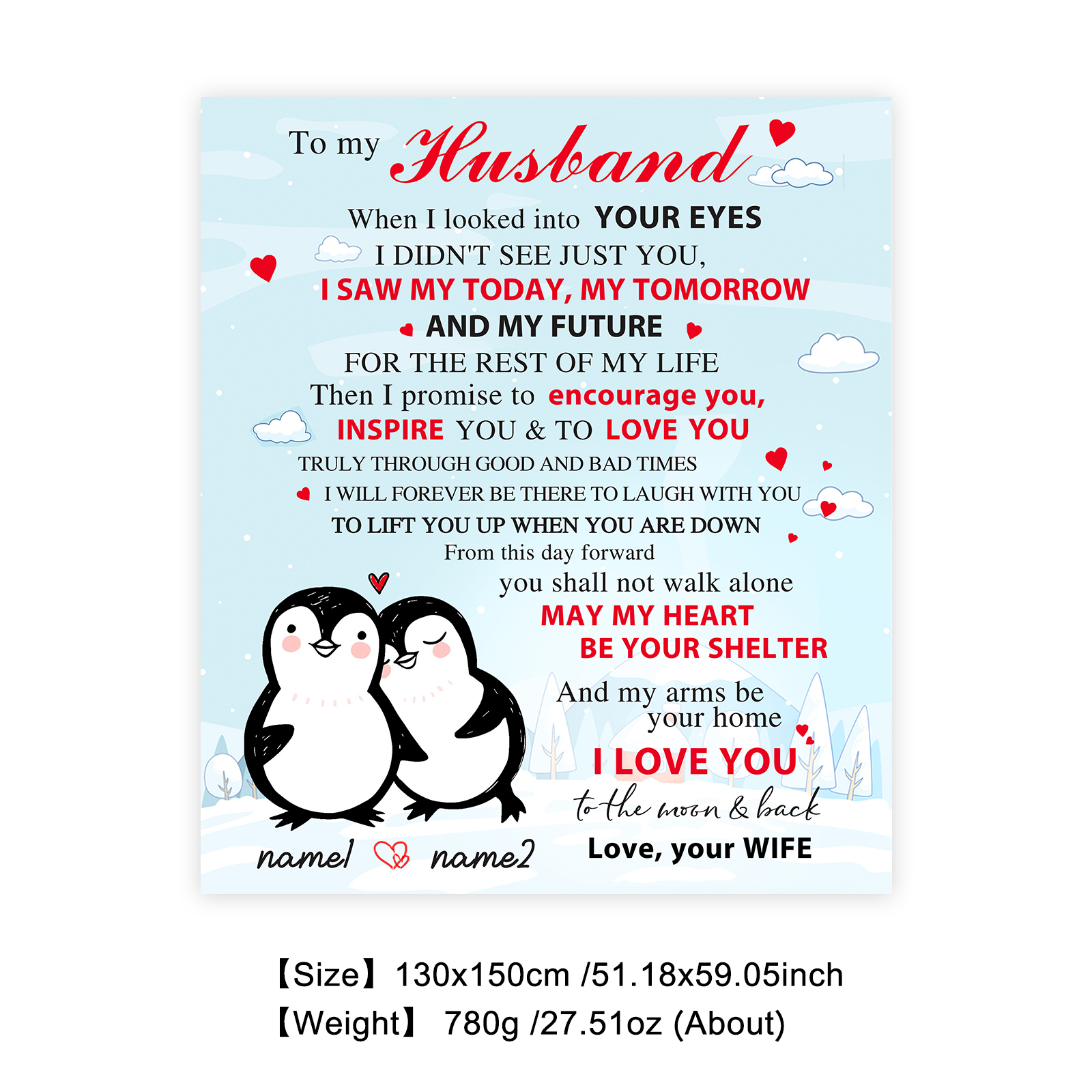 To My Husband Couple Penguin Blanket Custom Name Valentines Gift-Jessemade AU