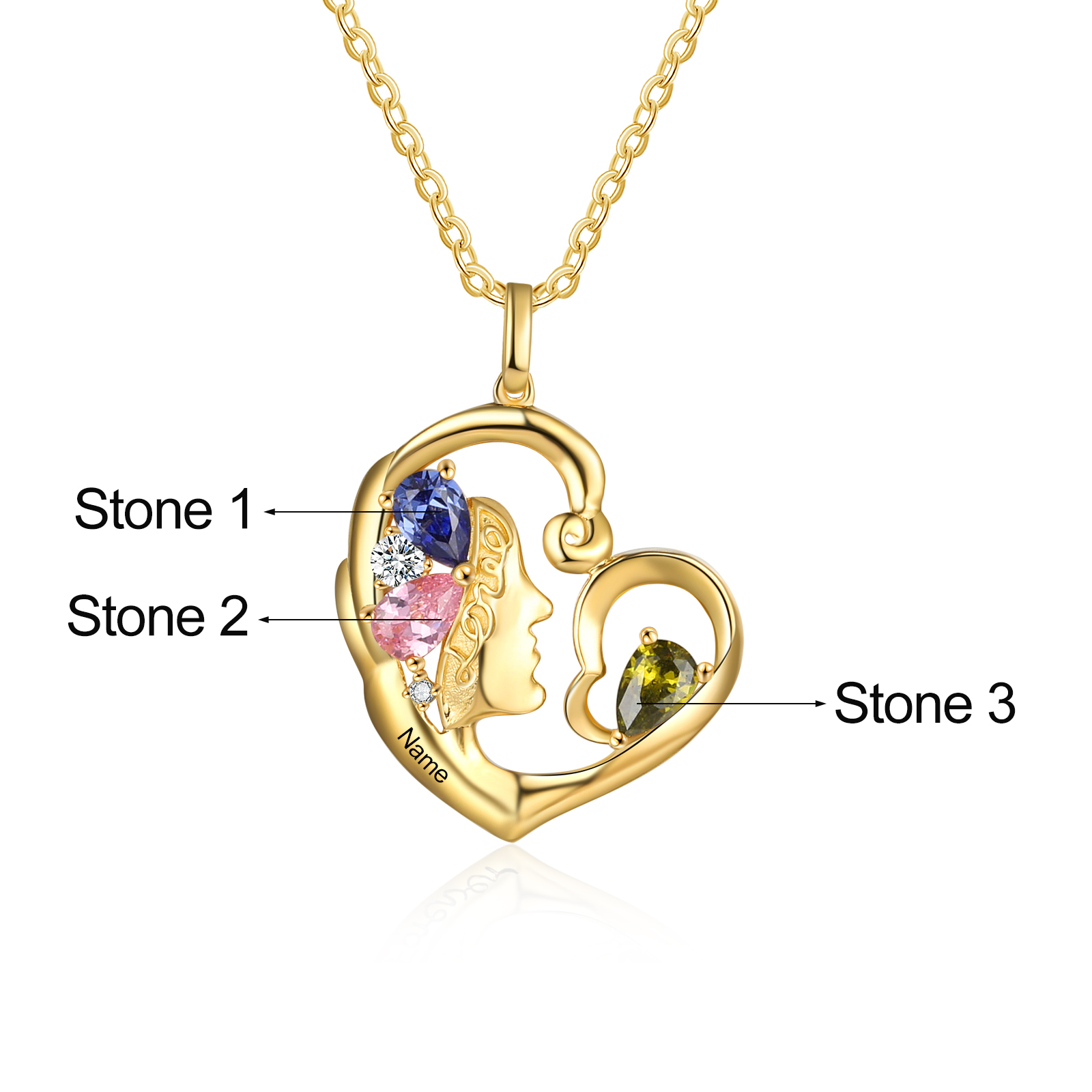 Personalised 1 Name Heart Charm Women's Necklace With 3 Birthstones-Jessemade AU
