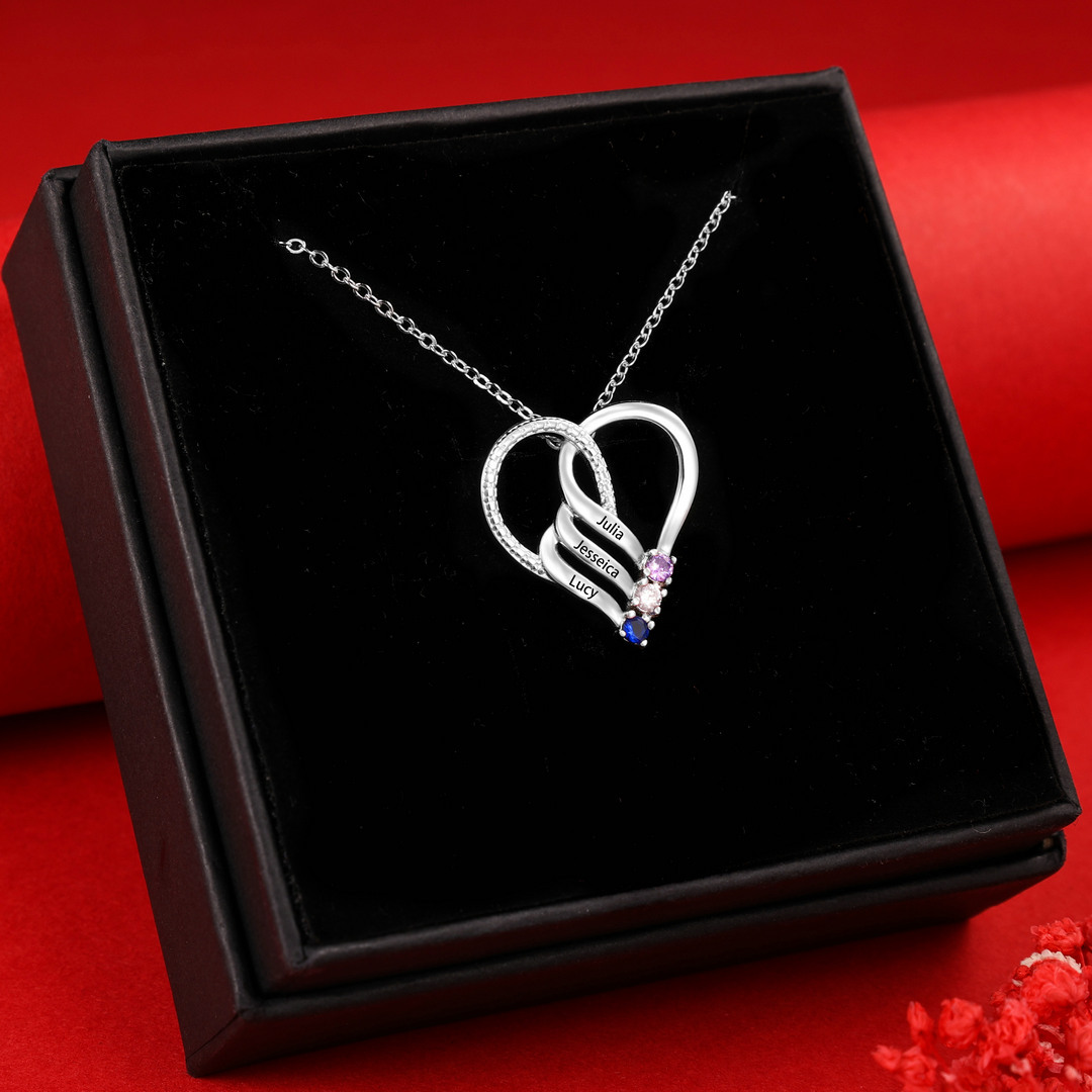 Personalised Heart Necklace With 3 Birthstones Engraved Names Gift For Her-Jessemade AU
