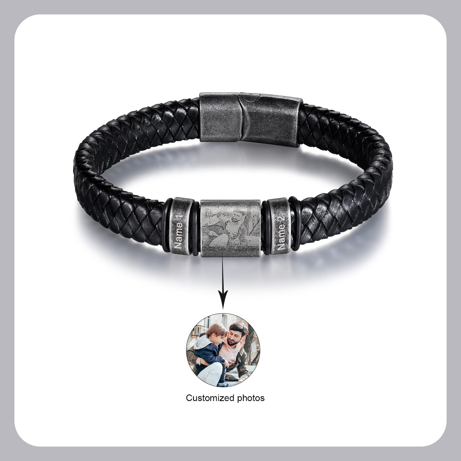 2 Names - Personalised Men's Leather Braided Bracelet Customised Name & Photo Bracelet Vintage Gift for Him-Jessemade AU