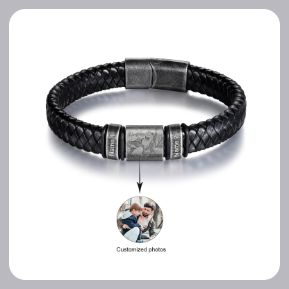 2 Names - Personalised Men's Leather Braided Bracelet Customised Name & Photo Bracelet Vintage Gift for Him-Jessemade AU