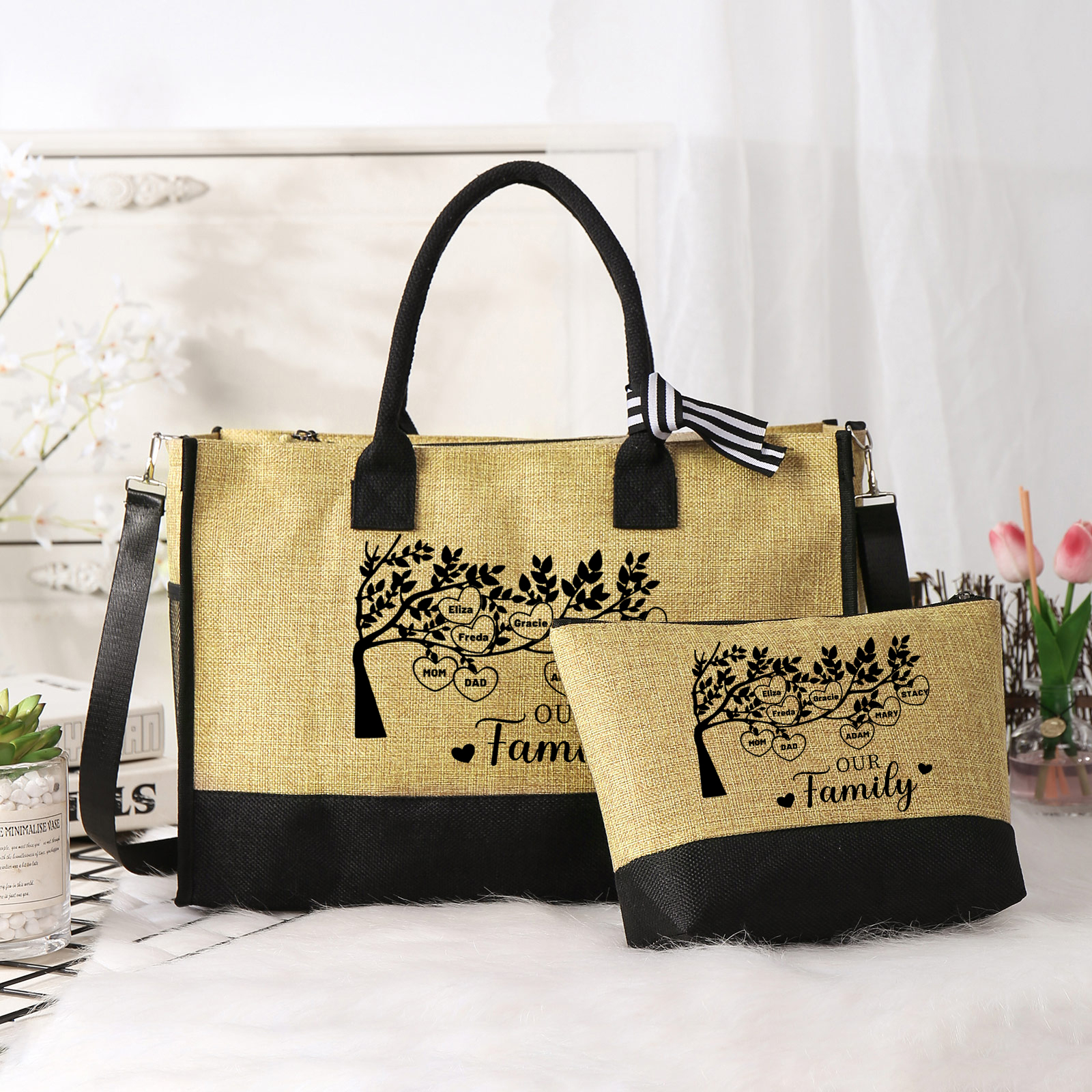 Personalised Family Tree Tote Bag Set Custom 8 Names & 1 Text Handbag Large Capacity Shoulder Bag Shopping Bag Zipper Bag Gift for Mother/Grandma-Jessemade AU