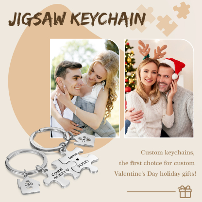 2 PCS Couple Keychain Set Custom 2 Names & 2 Letters & Date Keyring Puzzle Keychain Valentine's Day Personalised Gift for Him/Her-Jessemade AU