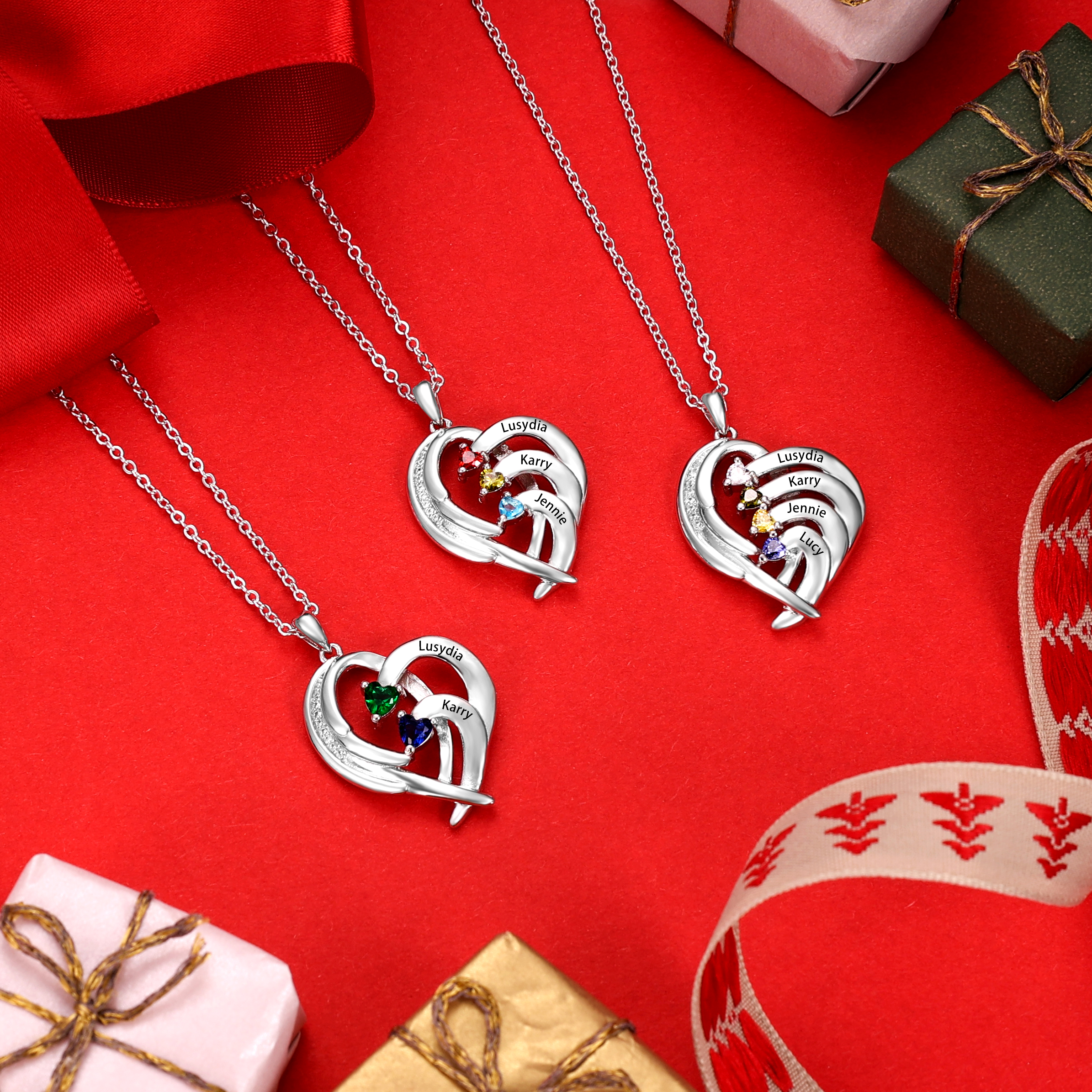 Personalised Heart Wings Necklace With 2 Birthstones Custom Names Necklace Gift For Her-Jessemade AU