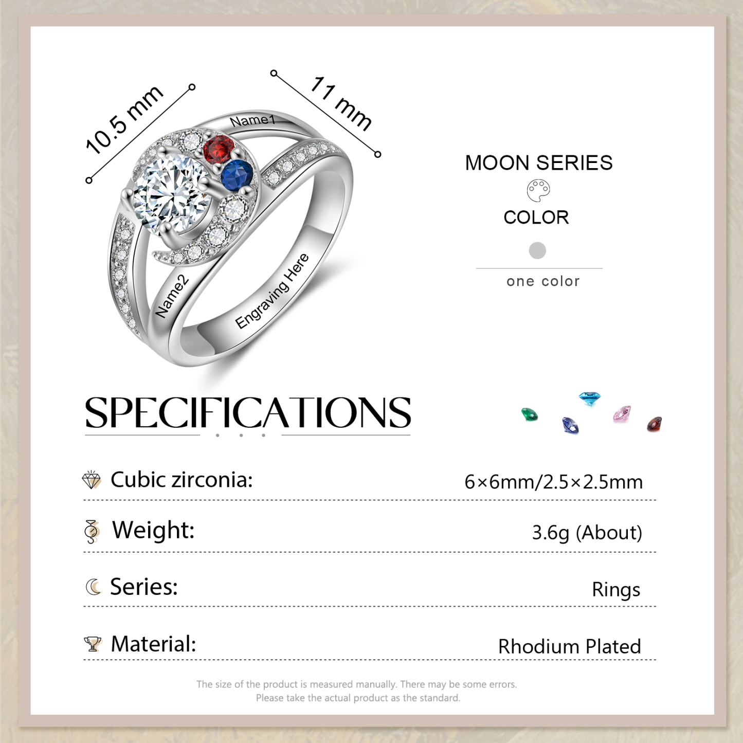 Personalised Moon Star Ring With 2 Birthstones Custom Names Best Gift For Women-Jessemade AU