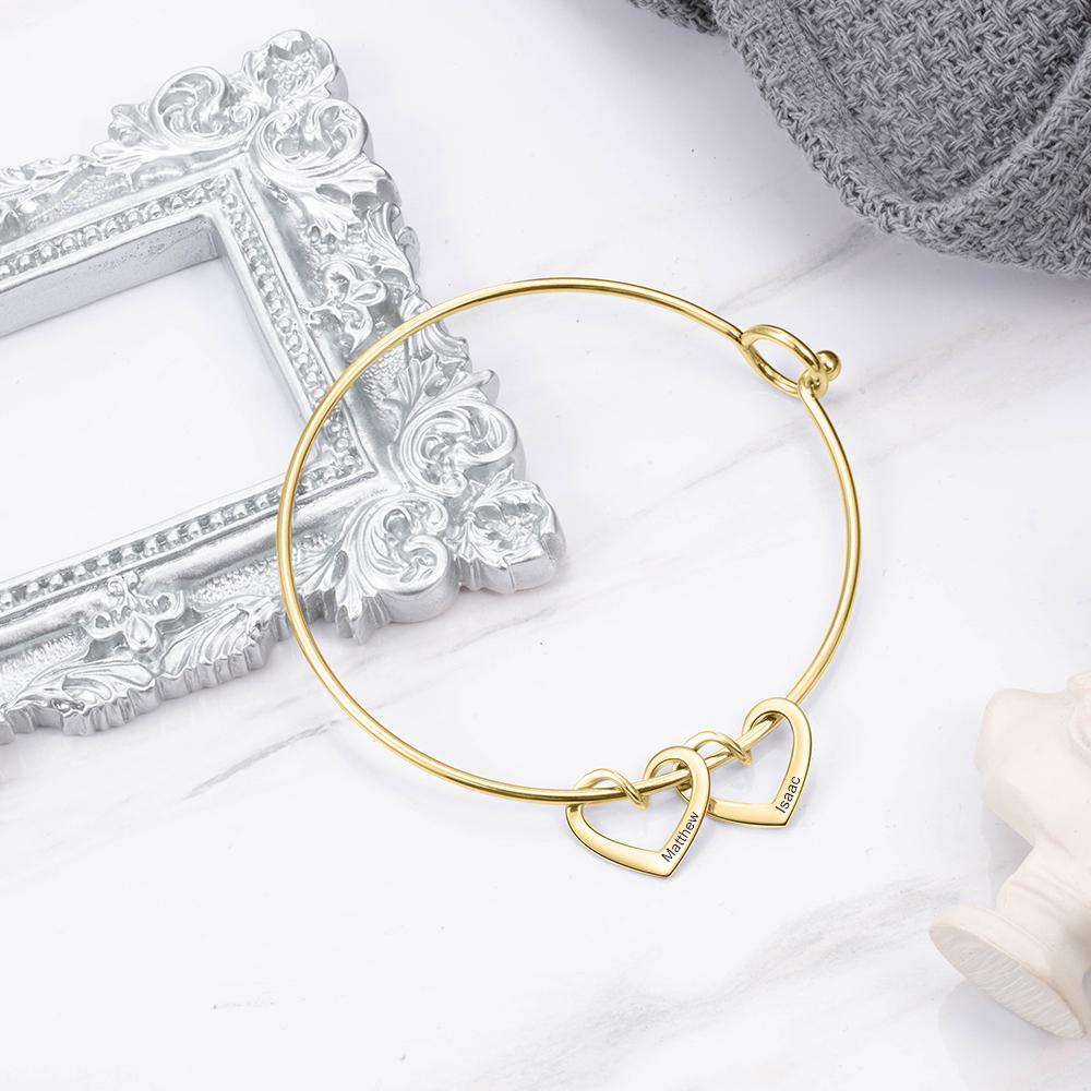 Personalised Love Bracelet with 2 Heart Charms Engraved Name Bangle Bracelet-Jessemade AU