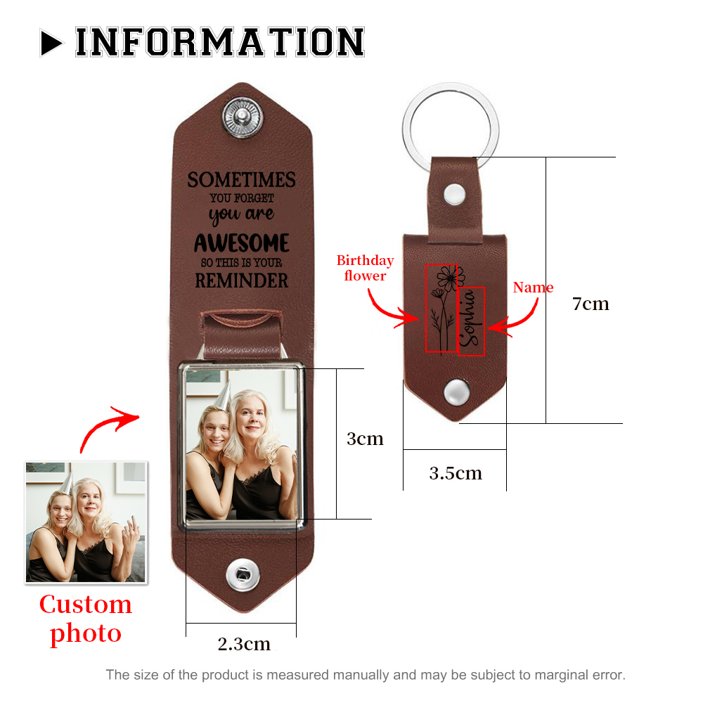 Personalised Photo & Birth Flower &  Name Keychain Leather Keychain - Sometimes You Forget You Are Awesome, So This Is Your Reminder-Jessemade AU
