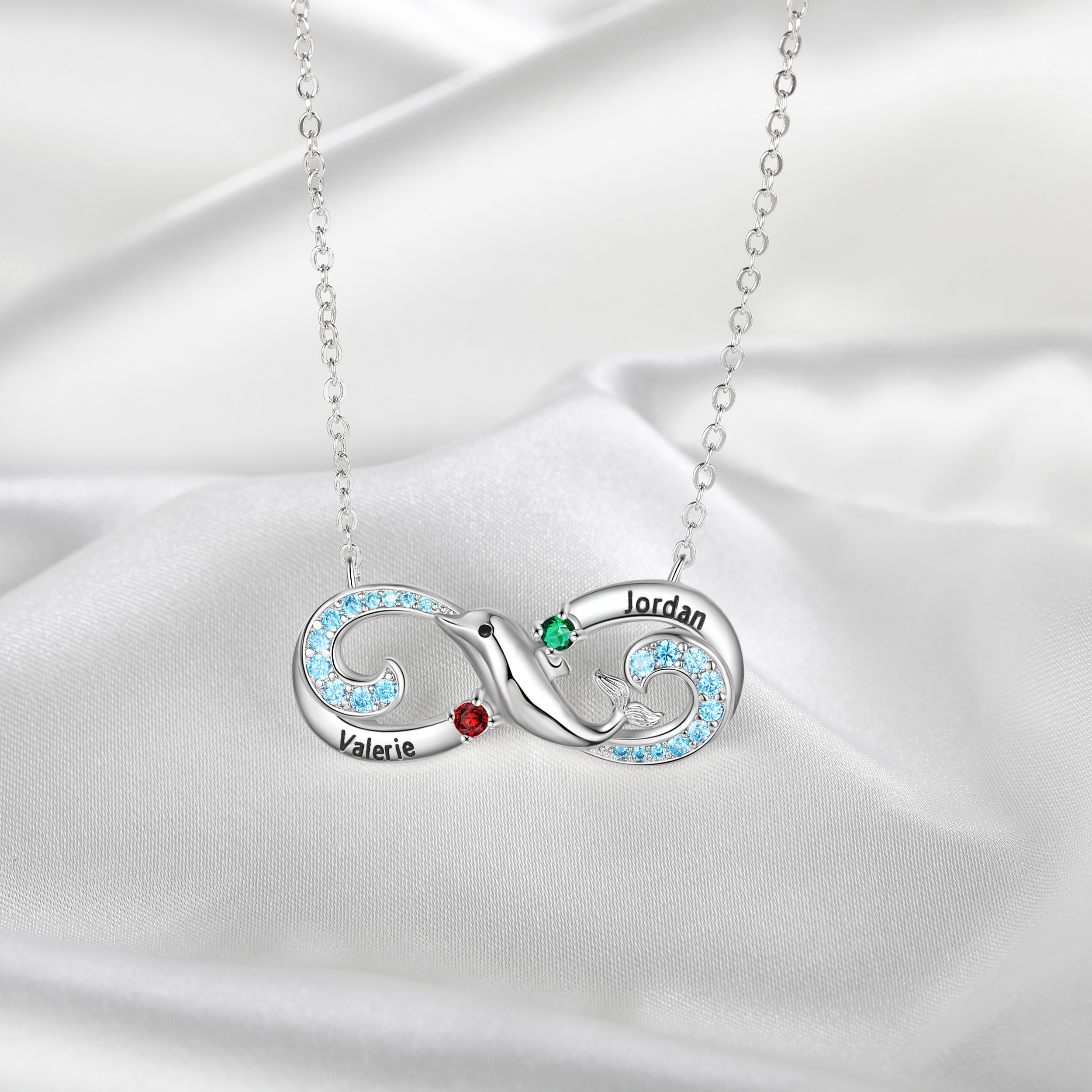 Personalised Infinite Dolphin Necklace With 2 Birthstones Custom Names Best Gift For Her-Jessemade AU