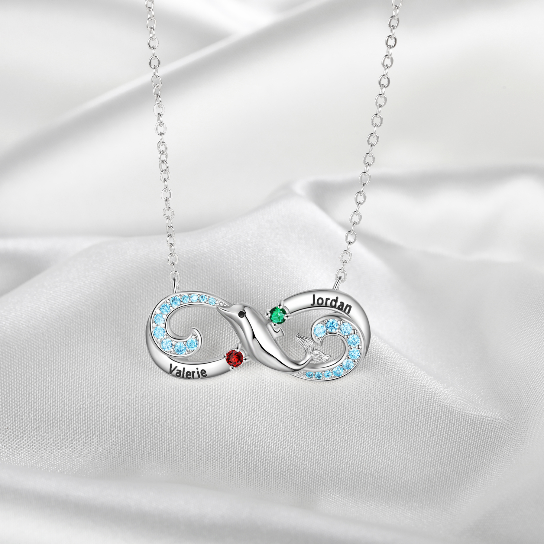 Personalised Infinite Dolphin Necklace With 2 Birthstones Custom Names Best Gift For Her-Jessemade AU